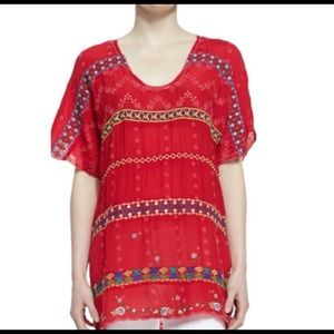 Johnny Was Colorful Daisy Eyelet Tunic Fiery Red SZ XS